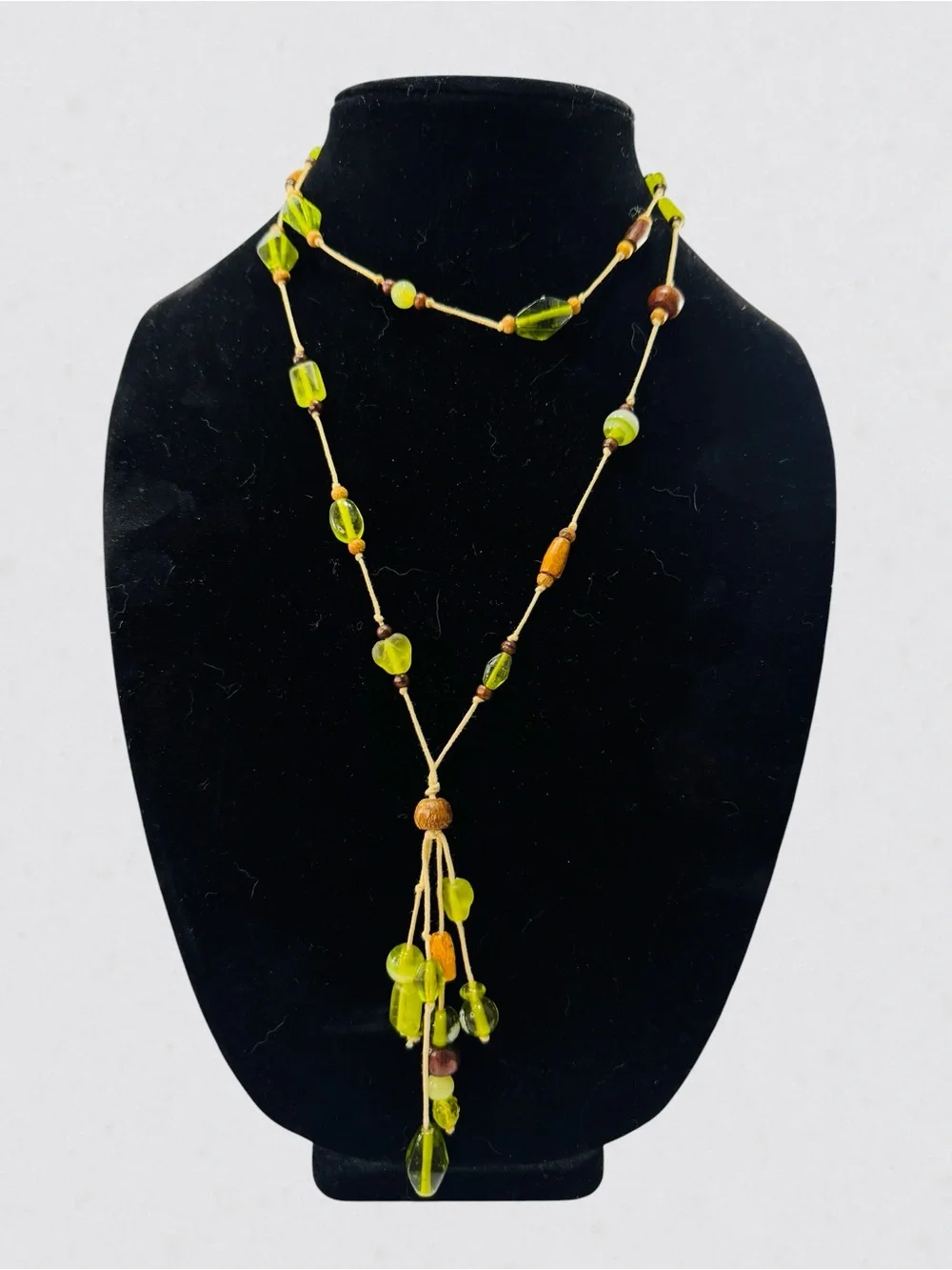 Handmade Glass Lime Green Brown Wood Bead Necklace 38” Boho Dangle Statement